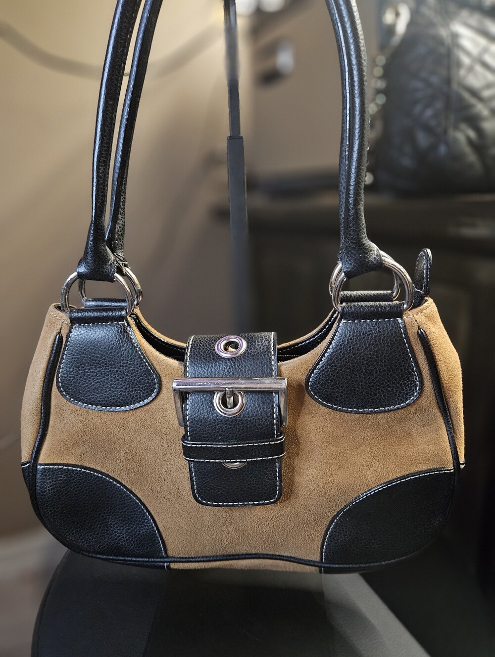 Prada Vintage Moon Tan Suede and Black Leather Shoulder Bag